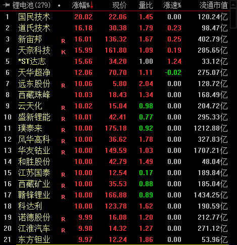 鋰電池板塊漲幅靠前個股。
