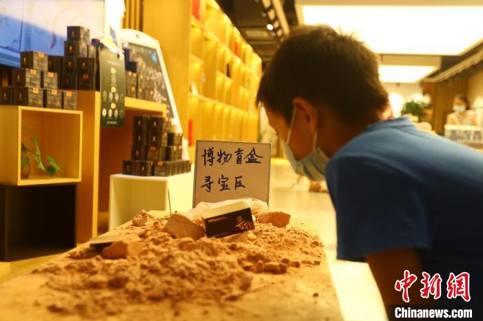 圖為在江西省博物館天工坊，一名小男孩端詳著已經(jīng)拆解完畢的“考古盲盒”現(xiàn)場?！⒄祭?攝
