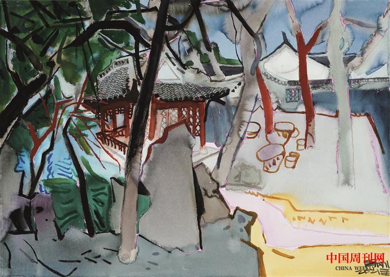 2021年周剛水彩畫——《綺園聽琴閣》尺寸75x105cm，2021年.jpg